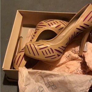 Size 8 BCBG Shoes Tan leather and Hot pink Satin material. Beautiful Brand New.
